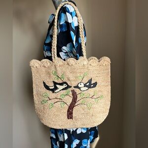 Hand Embroidered Raffia Tote Bag with Bird Design